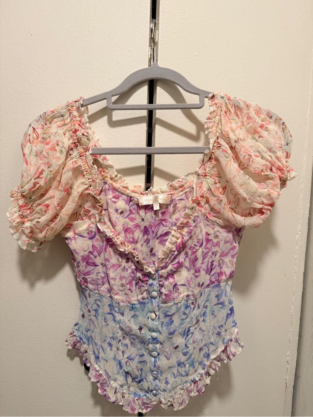 LoveShackFancy Pastel Floral Puff-Sleeve Top in Cream, Pink, Purple, Blue